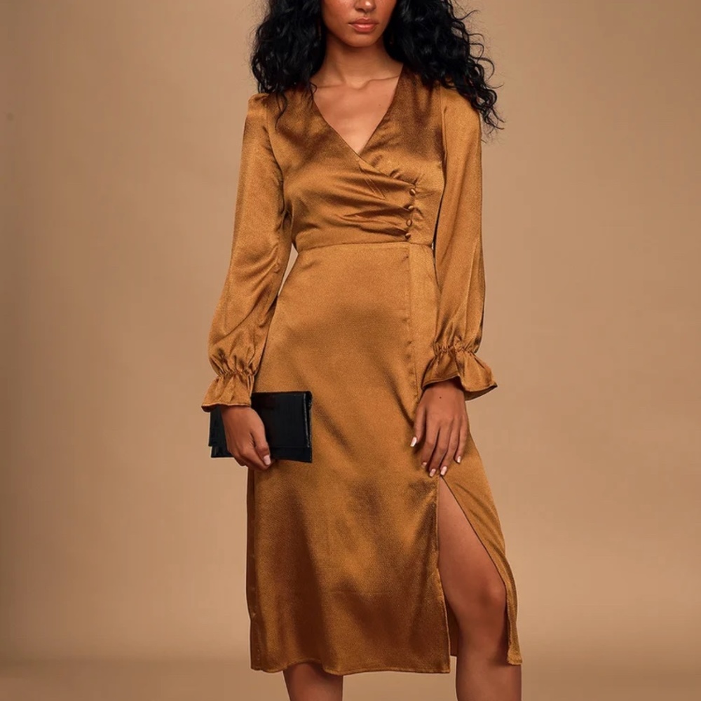 Lulus Brielle Satin Long Sleeve Midi Dress